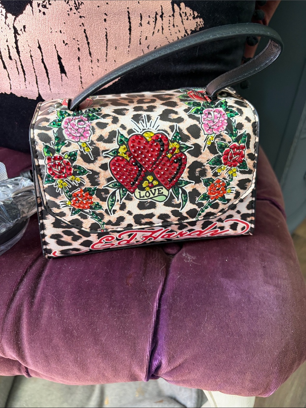 Ed Hardy Leopard Floral 'Love' Top-Handle Bag in Red, Pink, Green, Black